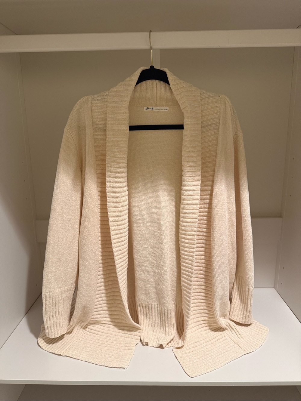 Seven7 Cream Open-Front Ribbed Shawl Collar Cardigan